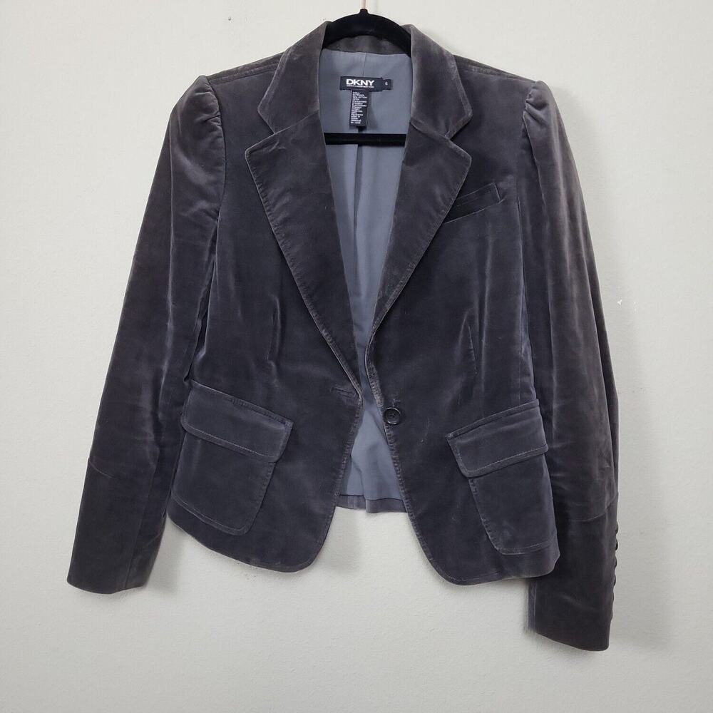 DKNY Womens Gray Velvet Long Sleeve Single‎ Breasted Blazer Suit Jacket Size 6